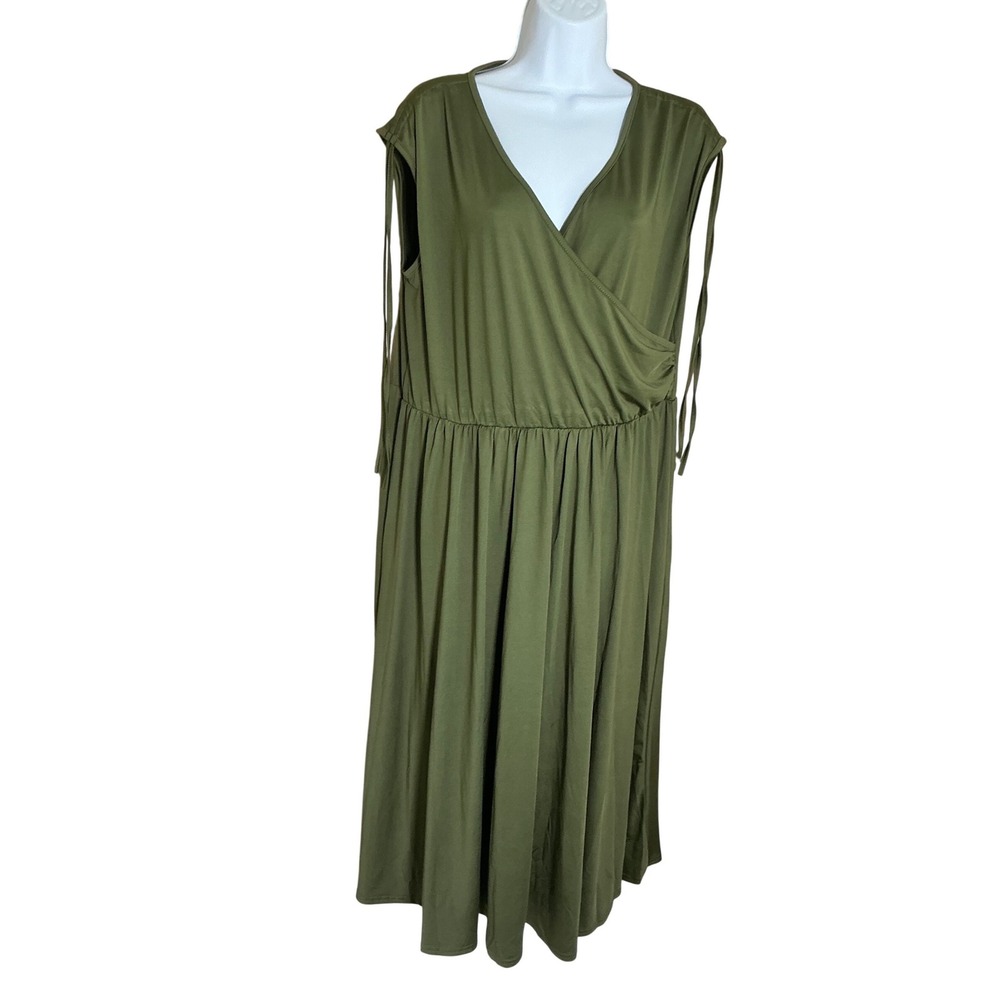 Wrap Front Midi Dress Womens XL Olive Green Excellent Surplice Sleeveless